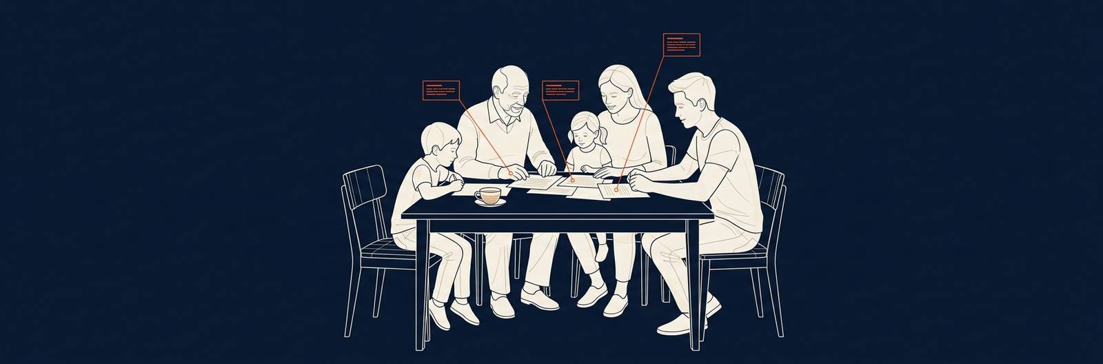 Wireframe scene: a family across generations gathered around a kitchen table