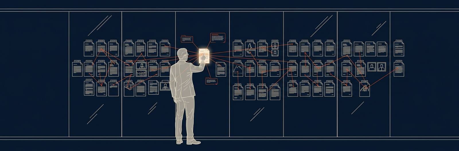 Wireframe scene: a lawyer before a glass wall of documents, every one linked to the others