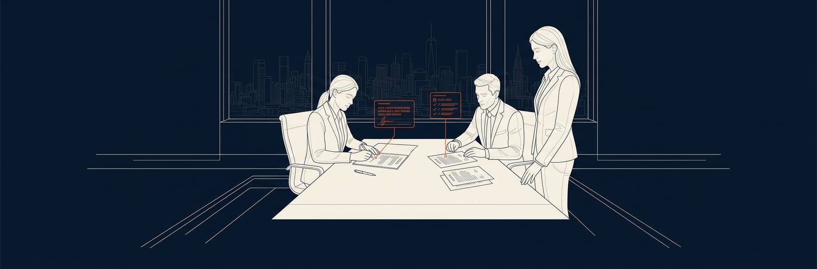 Wireframe scene: two people signing an agreement across a boardroom table